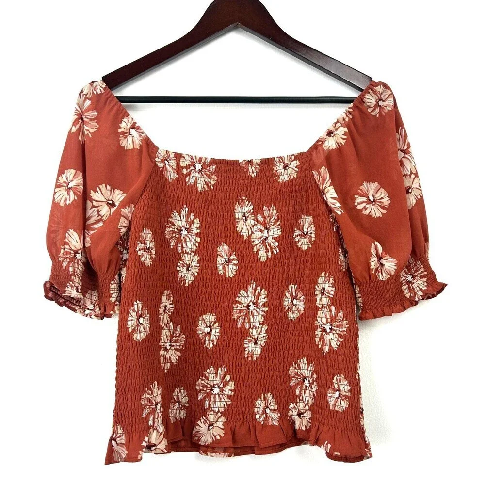 Madewell Georgette Lucie Top Sz M Womens Puff Sleeve Smocked Bodice Moody Blooms