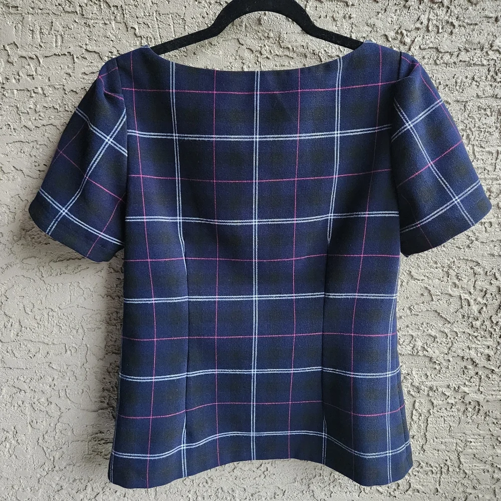 Banana Republic Emie Puff Short Sleeve Navy Blue Grid Small Blouse