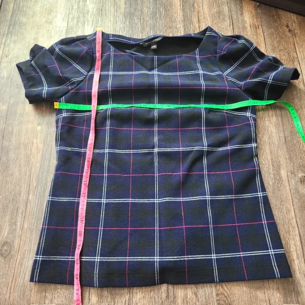 Banana Republic Emie Puff Short Sleeve Navy Blue Grid Small Blouse
