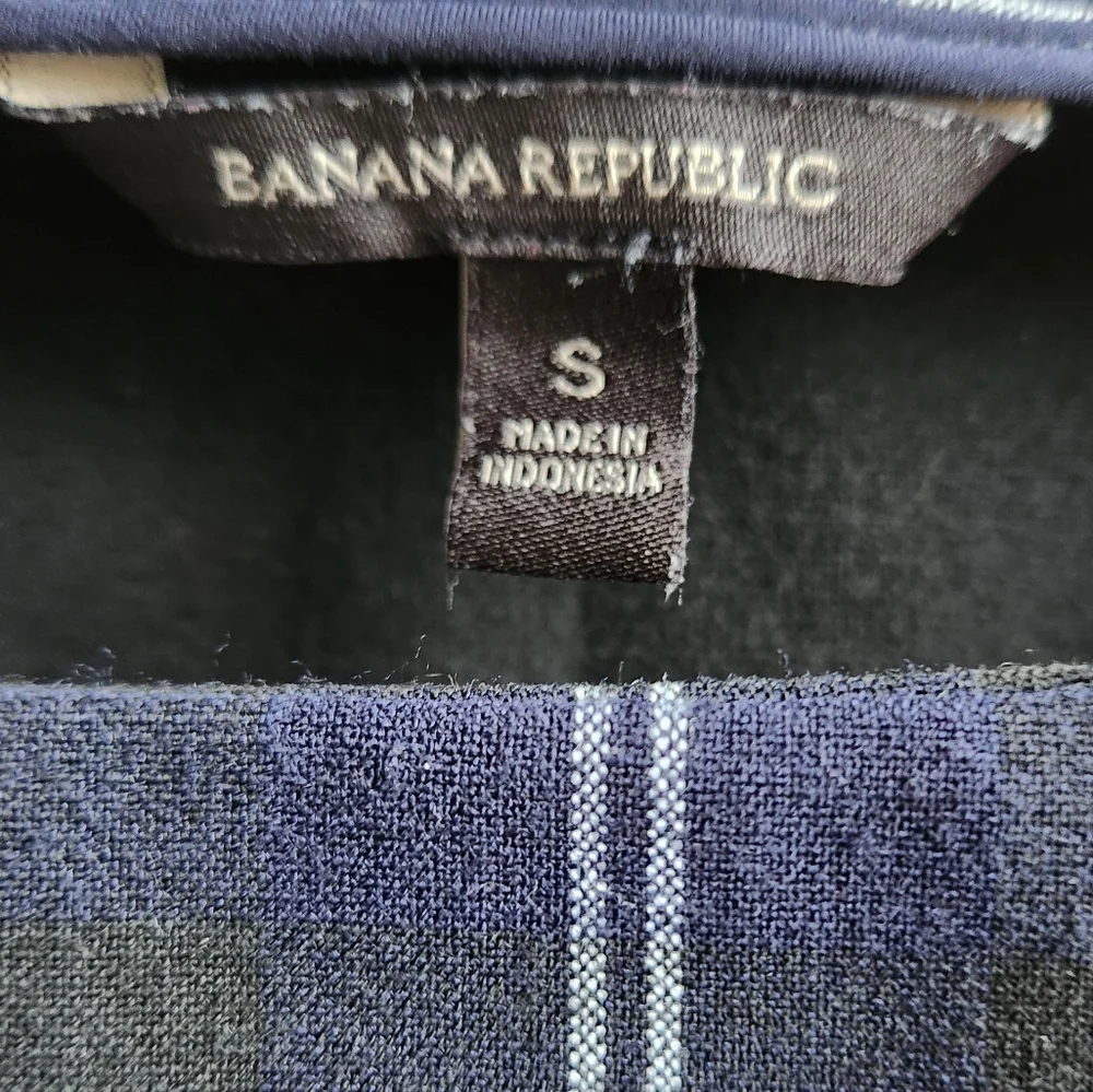 Banana Republic Emie Puff Short Sleeve Navy Blue Grid Small Blouse