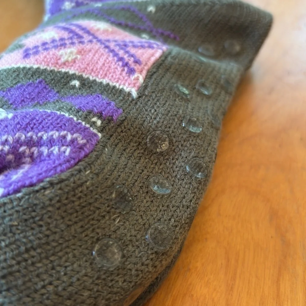 Swedish Sherpa Slipper Socks Non Slip Gripper Cozy Fair Isle Purple Gray 6-9