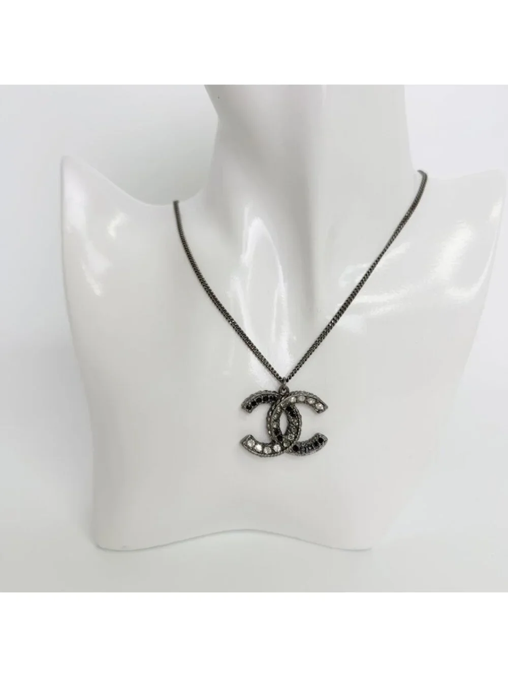 Chanel CC Logo Necklace Plated Rhinestone Silver Vintage