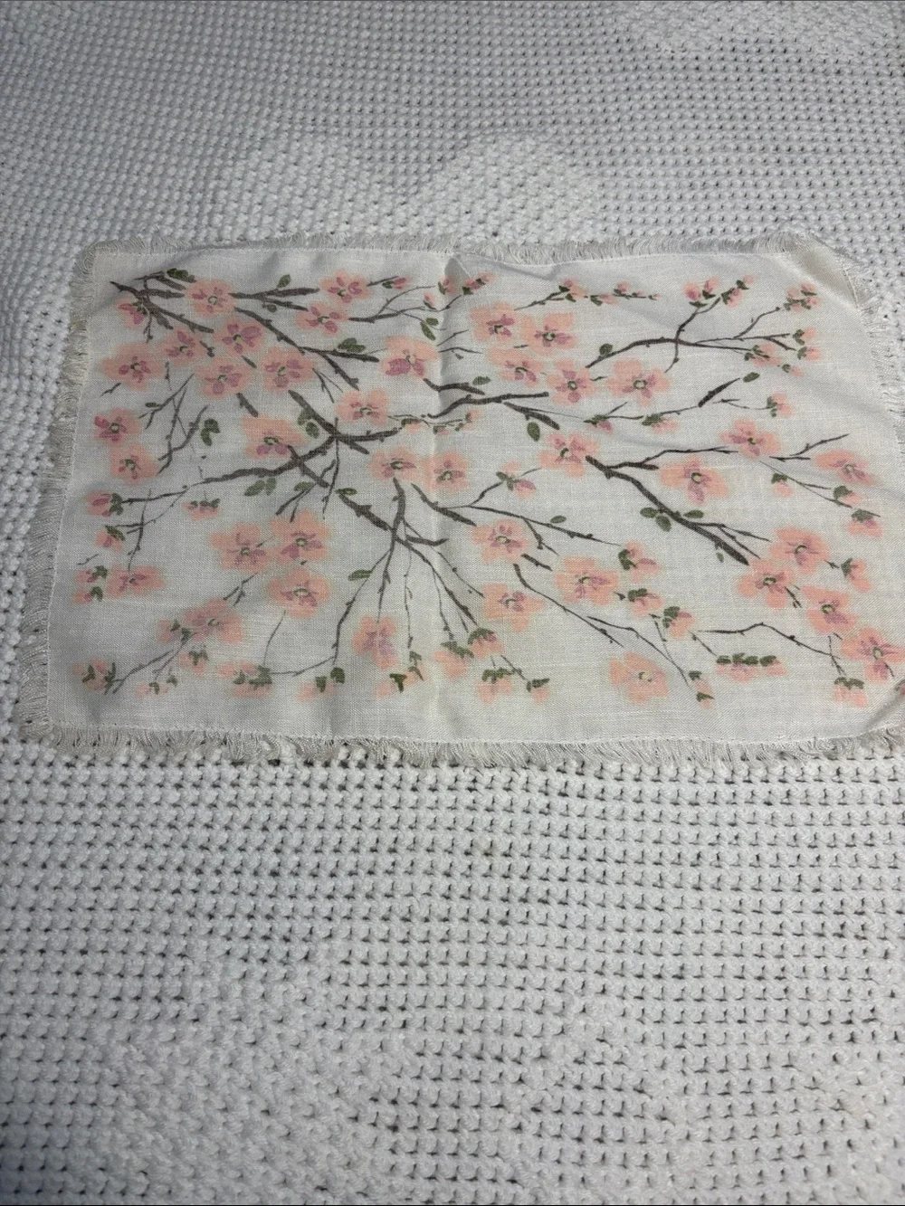 Vintage Hand Painted Cherry Blossom Placemats, Fringed Edged Linens, Set of 4