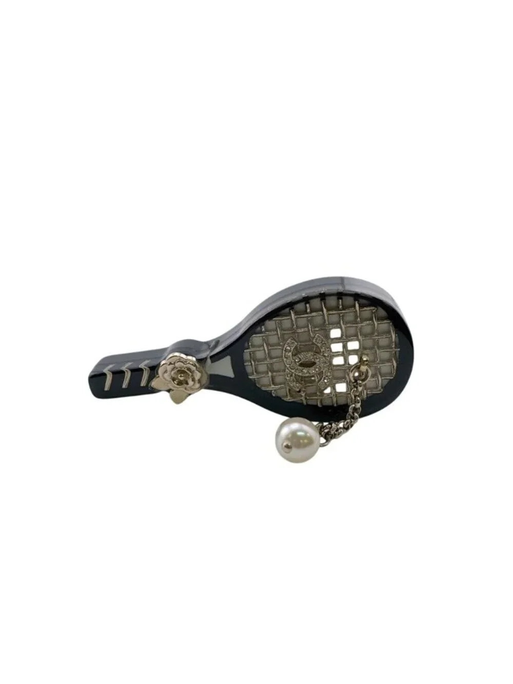 Chanel Tennis Racket Camellia CC Logo Pearl Quilted Charm Brooch