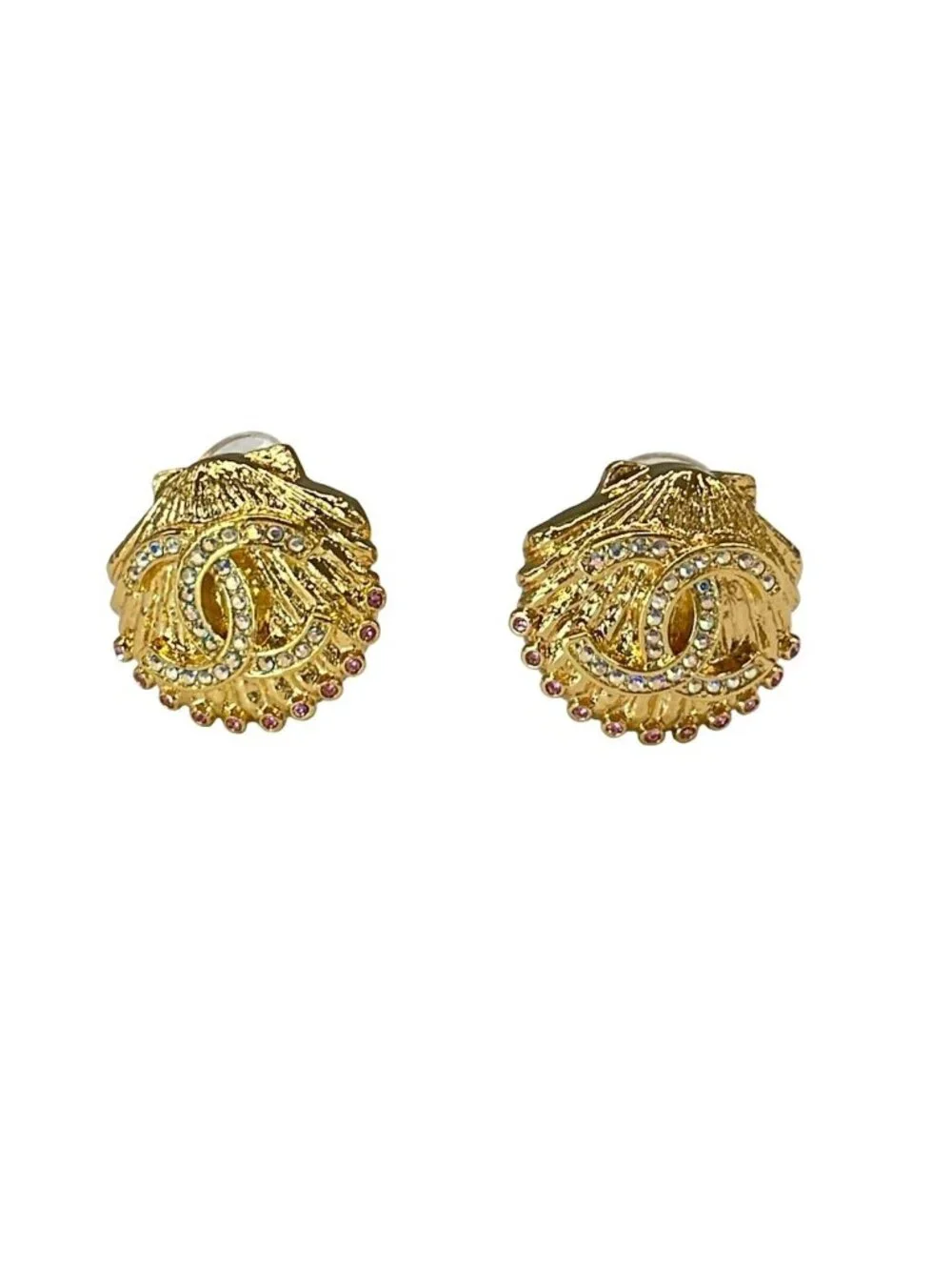 Chanel Earrings CC Logo Gold Clear Pink Shell