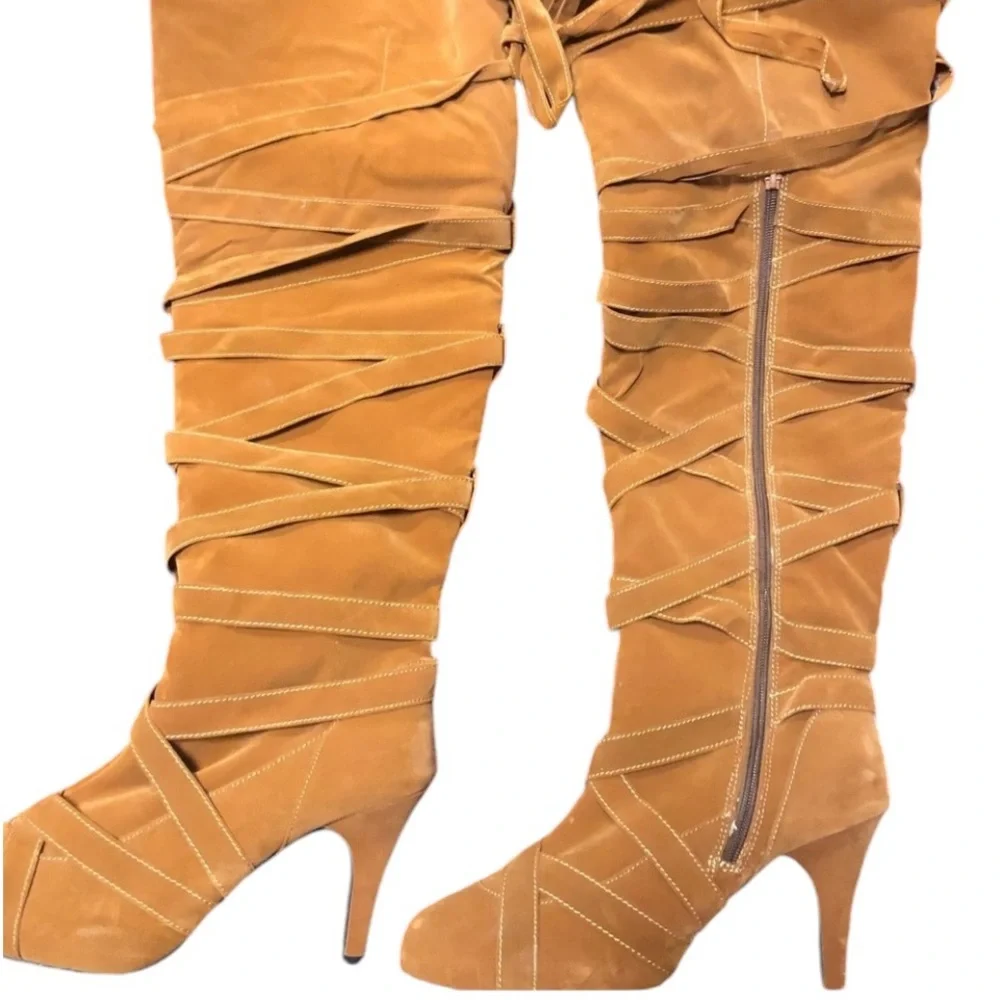Max & Co size 10 Cognac over the knee faux suede strappy boot side zip