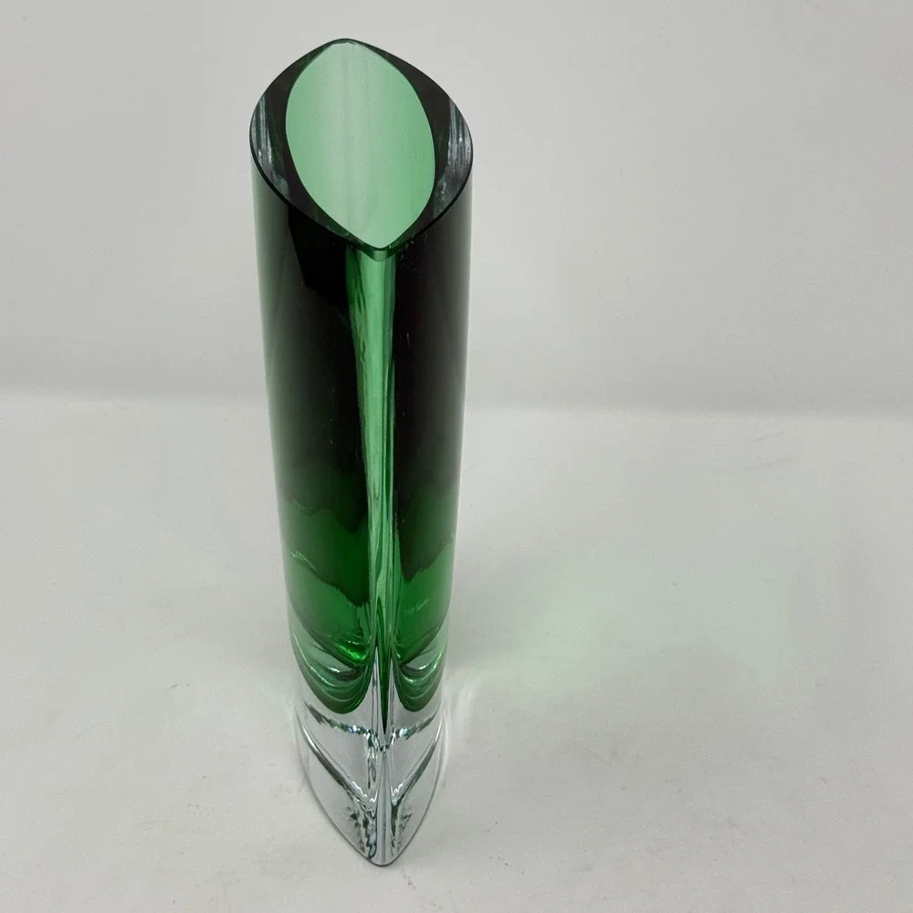 Emerald Green Glass Vase Heavy Clear Base 8.5in MCM Tapered Oval Art Glass