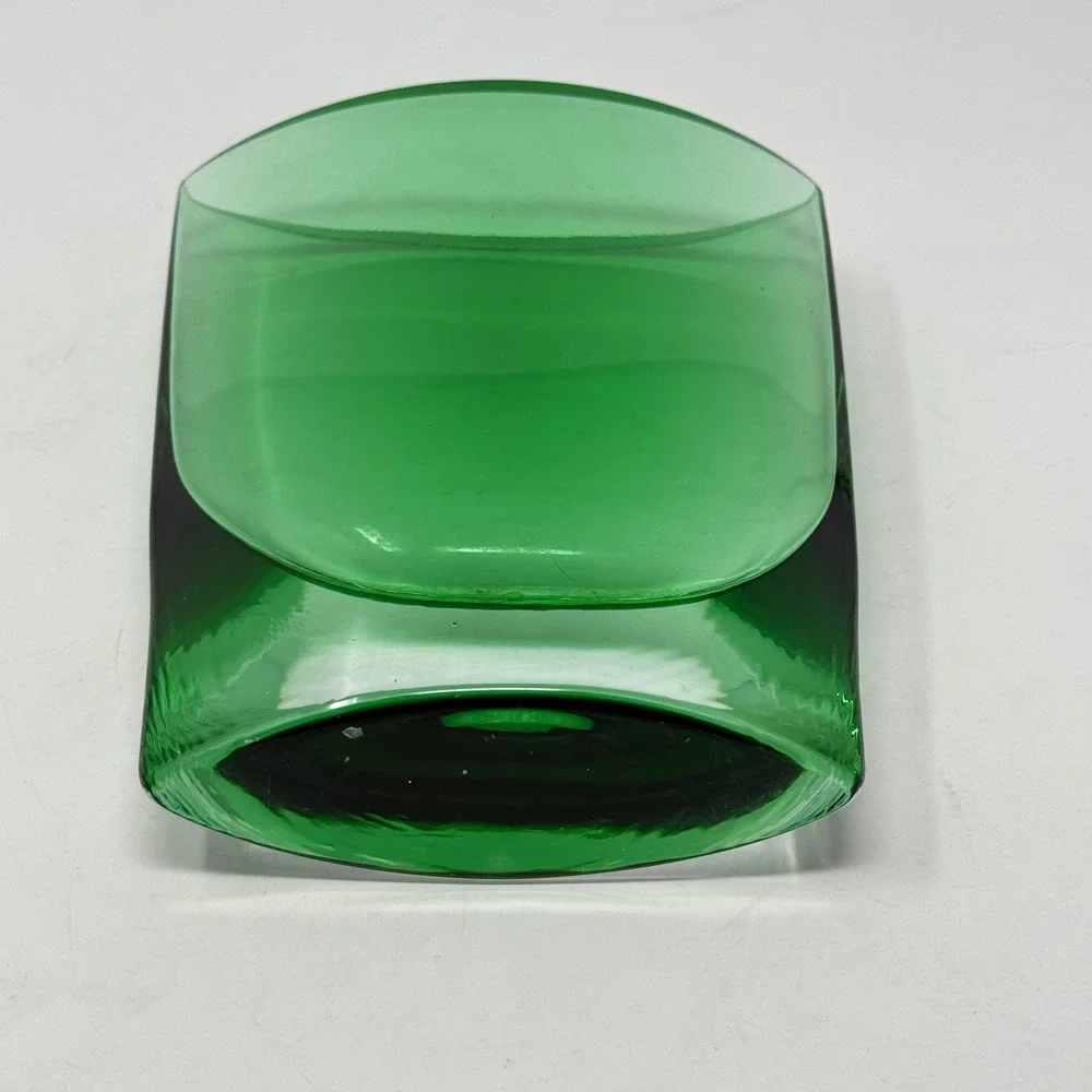Emerald Green Glass Vase Heavy Clear Base 8.5in MCM Tapered Oval Art Glass