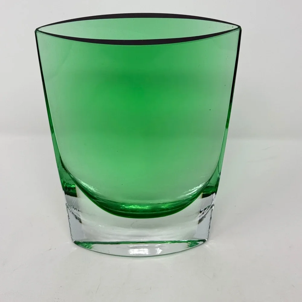 Emerald Green Glass Vase Heavy Clear Base 8.5in MCM Tapered Oval Art Glass