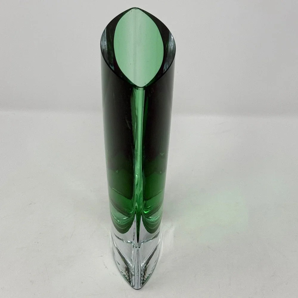 Emerald Green Glass Vase Heavy Clear Base 8.5in MCM Tapered Oval Art Glass