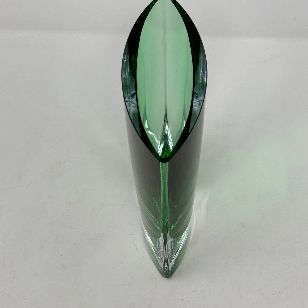 Emerald Green Glass Vase Heavy Clear Base 8.5in MCM Tapered Oval Art Glass