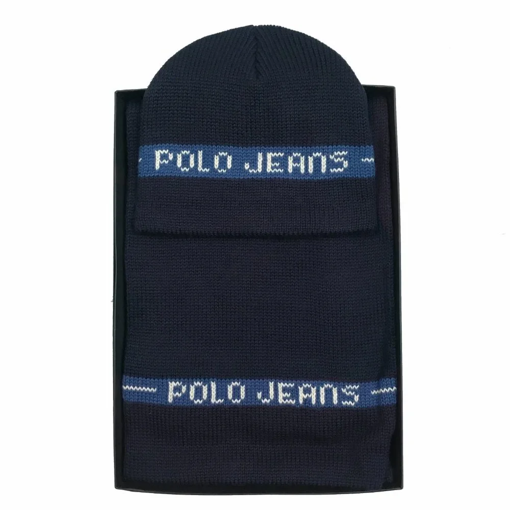 NEW Vintage Ralph Lauren Polo Jeans Company Hat & Scarf Gift Set!  Navy & Blue
