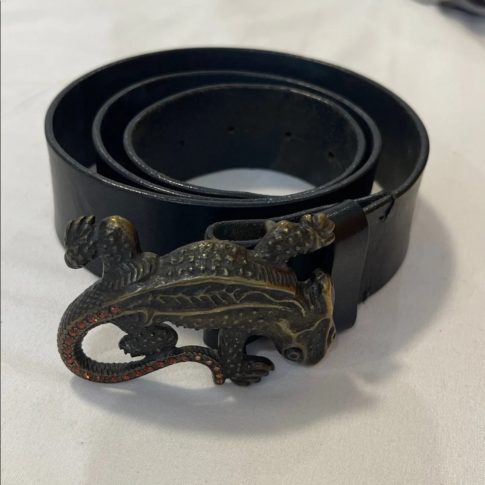 Emporio Armani Black Leather Embossed Belt Brass Lizard Belt Buckle Mens