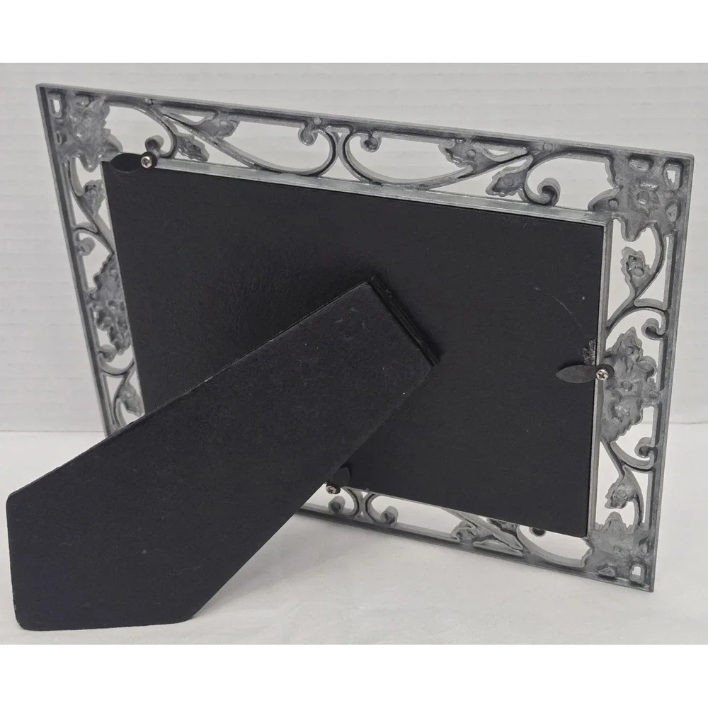 Vintage Ornate Silver Metal 5x7 Picture Frame with Purple Enamel Flowers