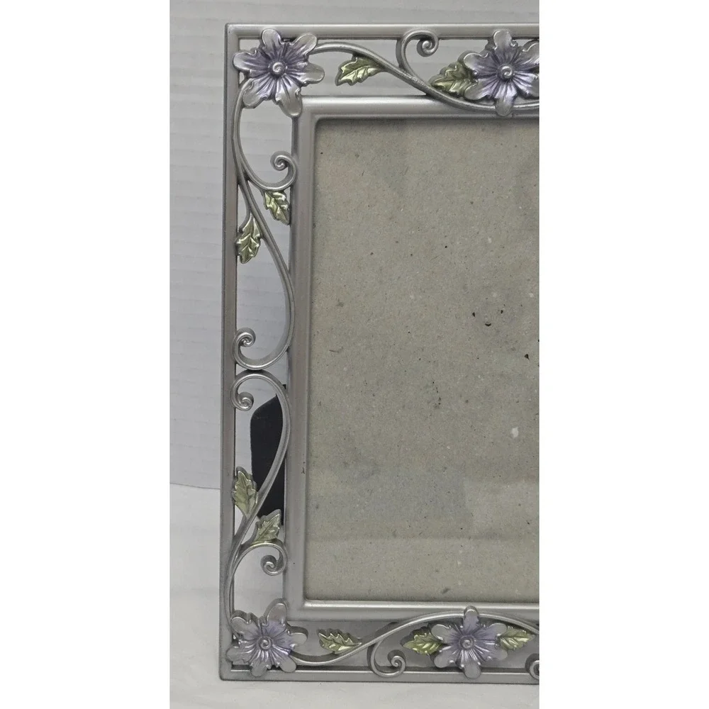 Vintage Ornate Silver Metal 5x7 Picture Frame with Purple Enamel Flowers