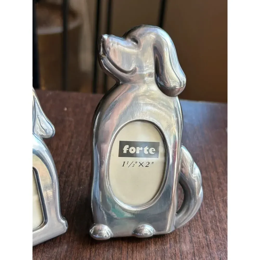 2 vintage Forte brand dog-shaped picture frames silver metal
