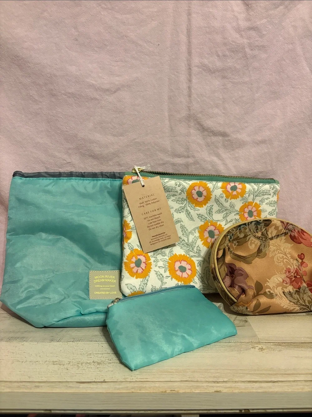 Set of 4 Floral & Teal Cosmetic Pouches