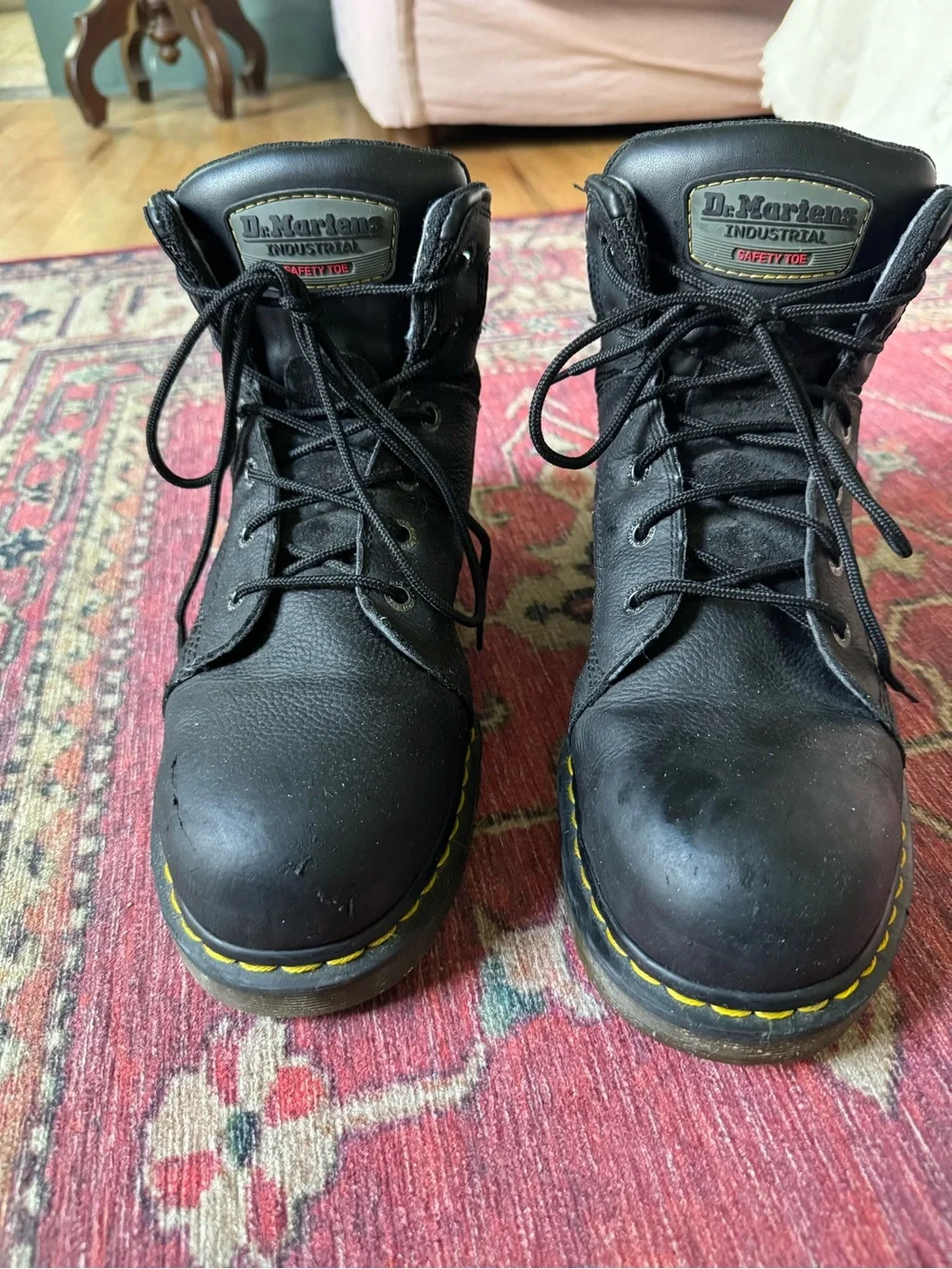 Dr. Martens Black Lace-Up Industrial Safety Boots with Yellow Stitching
