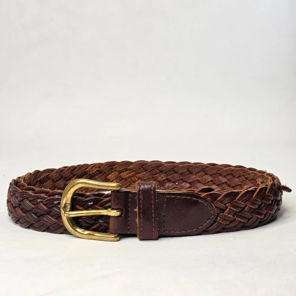 GreatLand Men's Braided Leather Belt Dark Brown Solid Brass Buckle 444-226 L