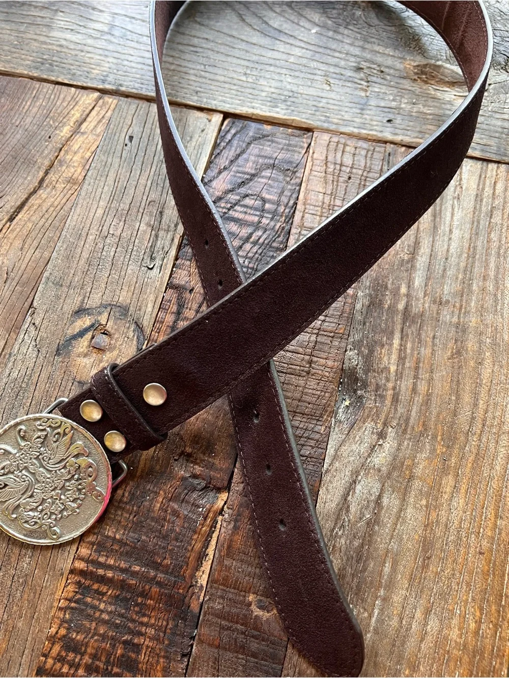 Men’s  Brown Leather Belt with Decorative Silver-Tone Buckle