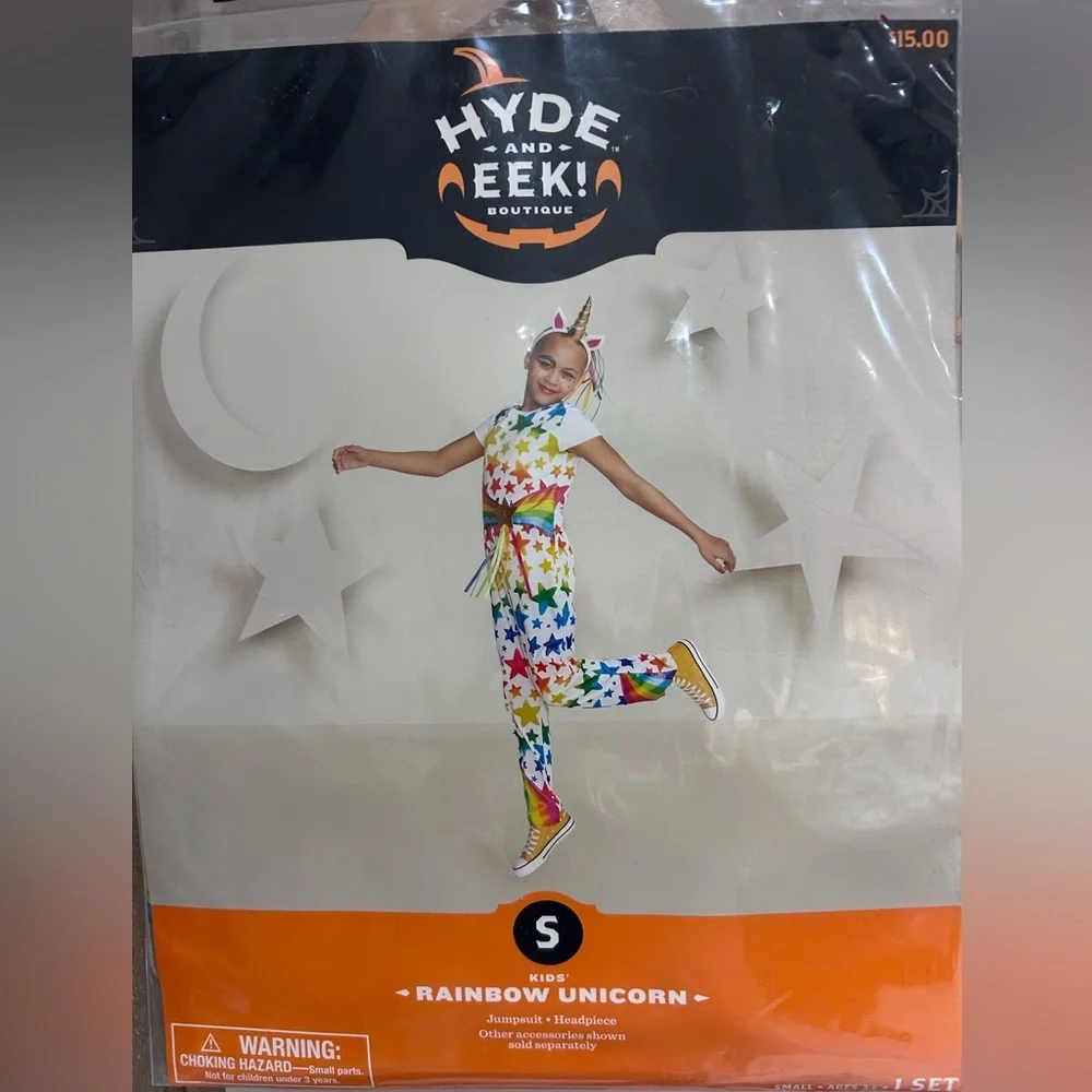 Hyde and EEK Kids Rainbow Unicorn NWT Halloween Costume Jumpsuit Headband S 6-7