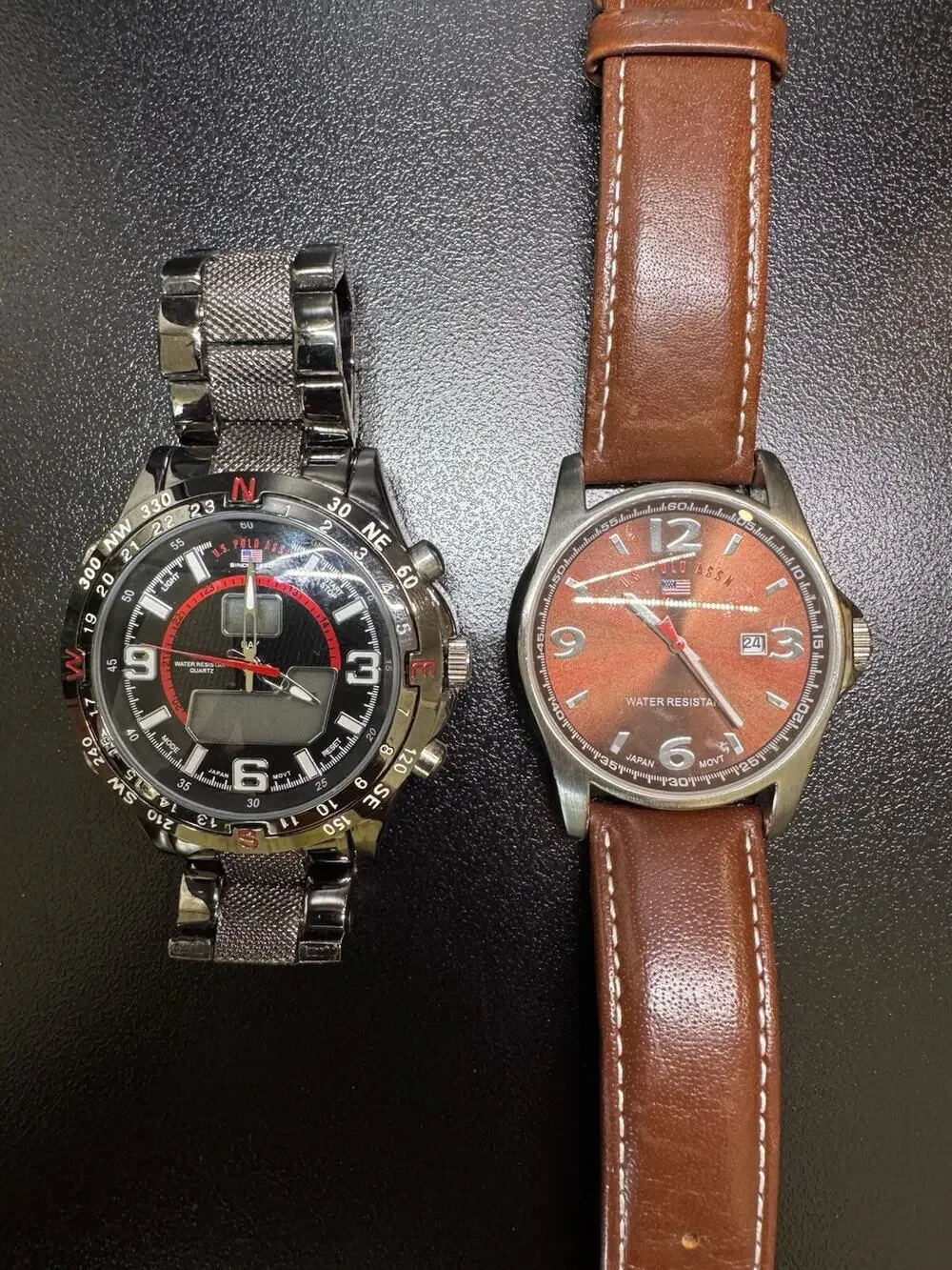 Lot of 2 US Polo Assn Men's Watches Genuine Brown Leather US 5050, US 8206 WORKS