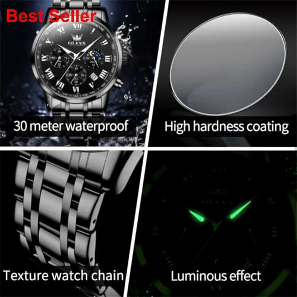 Stainless Steel Analog Quartz Dress Watch with Luminous Chronograph