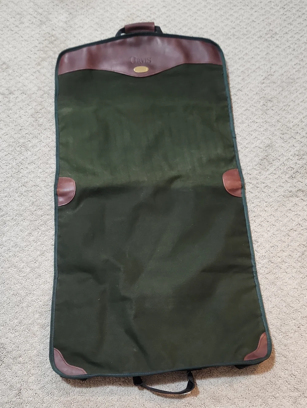 Orvis Dark Green Canvas Garment Bag with Brown Leather Accents
