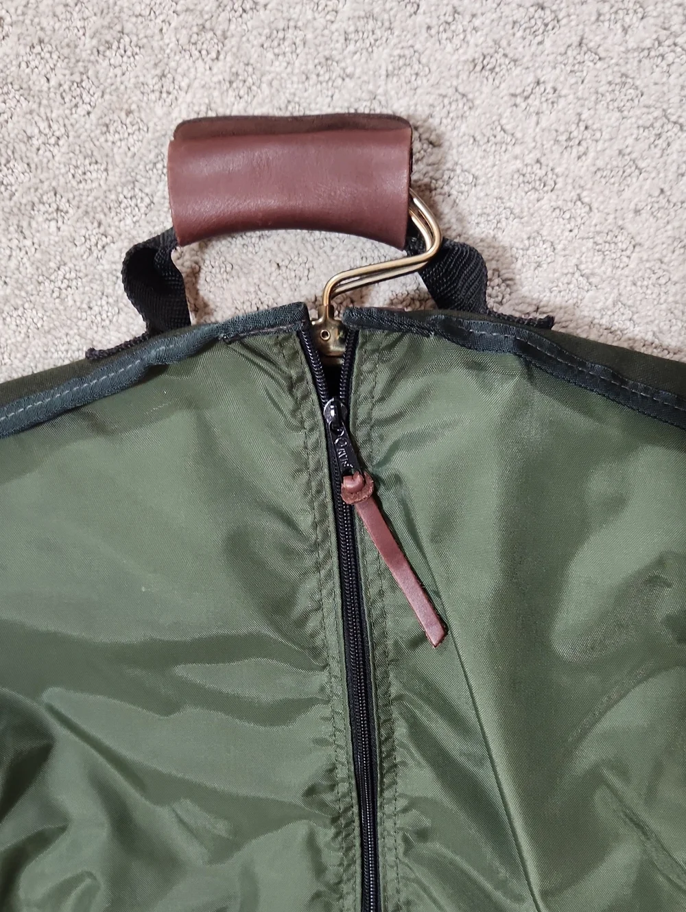 Orvis Dark Green Canvas Garment Bag with Brown Leather Accents