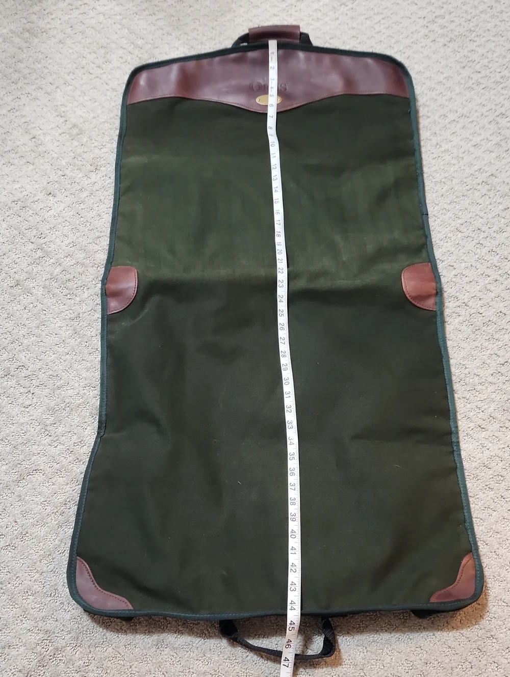 Orvis Dark Green Canvas Garment Bag with Brown Leather Accents