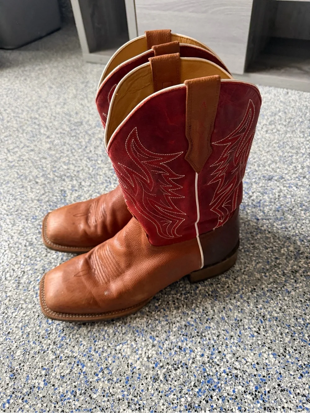 Men's Two-Tone Brown Leather Pull-On Boots with Red Suede Shaft