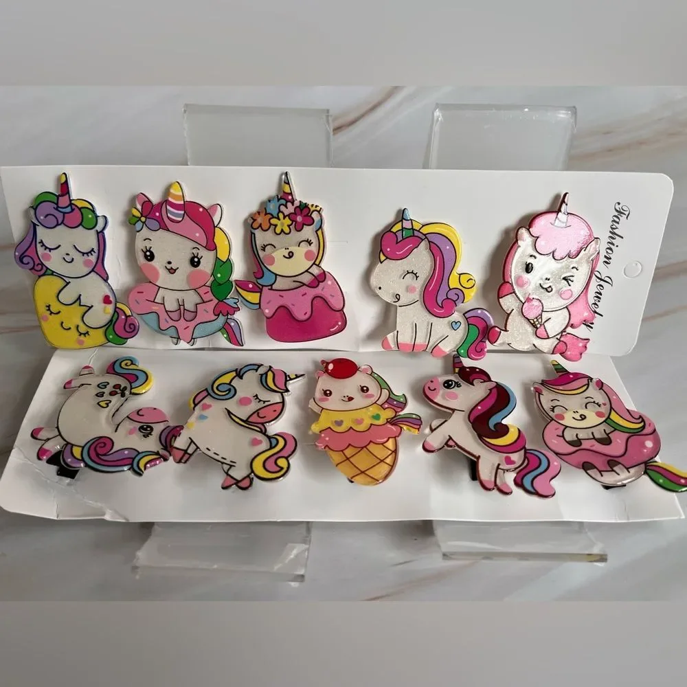 10PCS Baby Toddler Girls Hair Accessories Unicorns Colorful Patterns Hair Clips