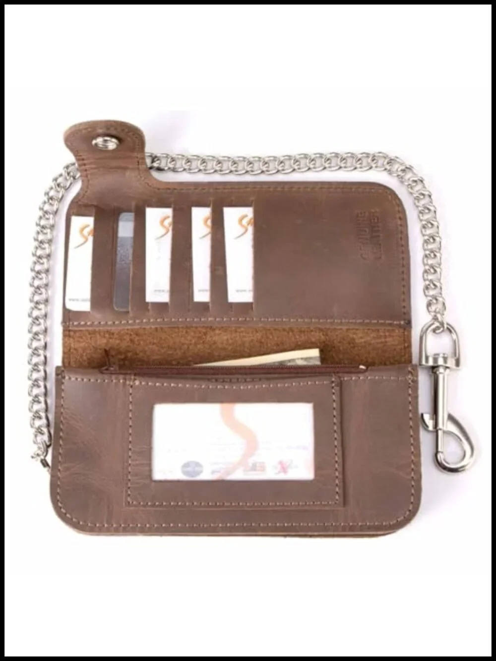 Full-Grain Leather Biker Bifold Wallet with Removable Steel Chain