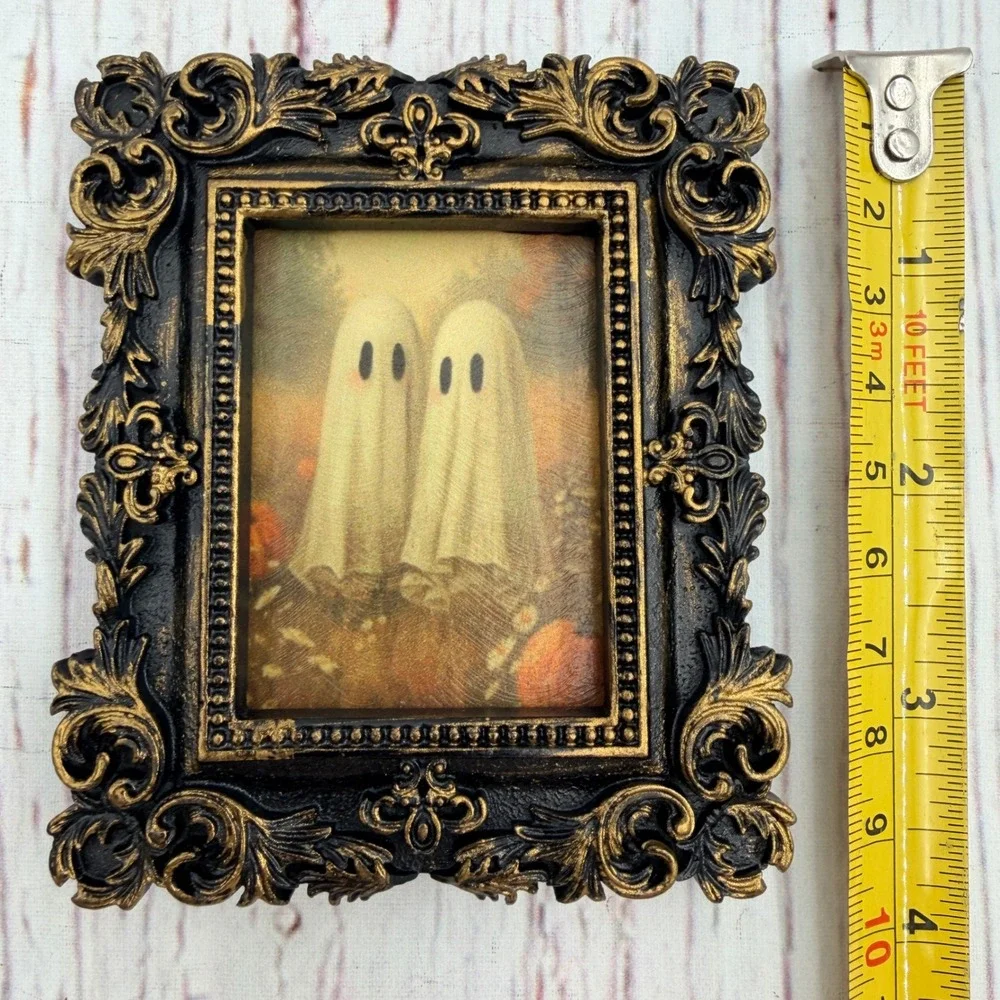 Handmade Ghost Decoupage Print Ornate Gold Black Resin Frame Halloween Decor