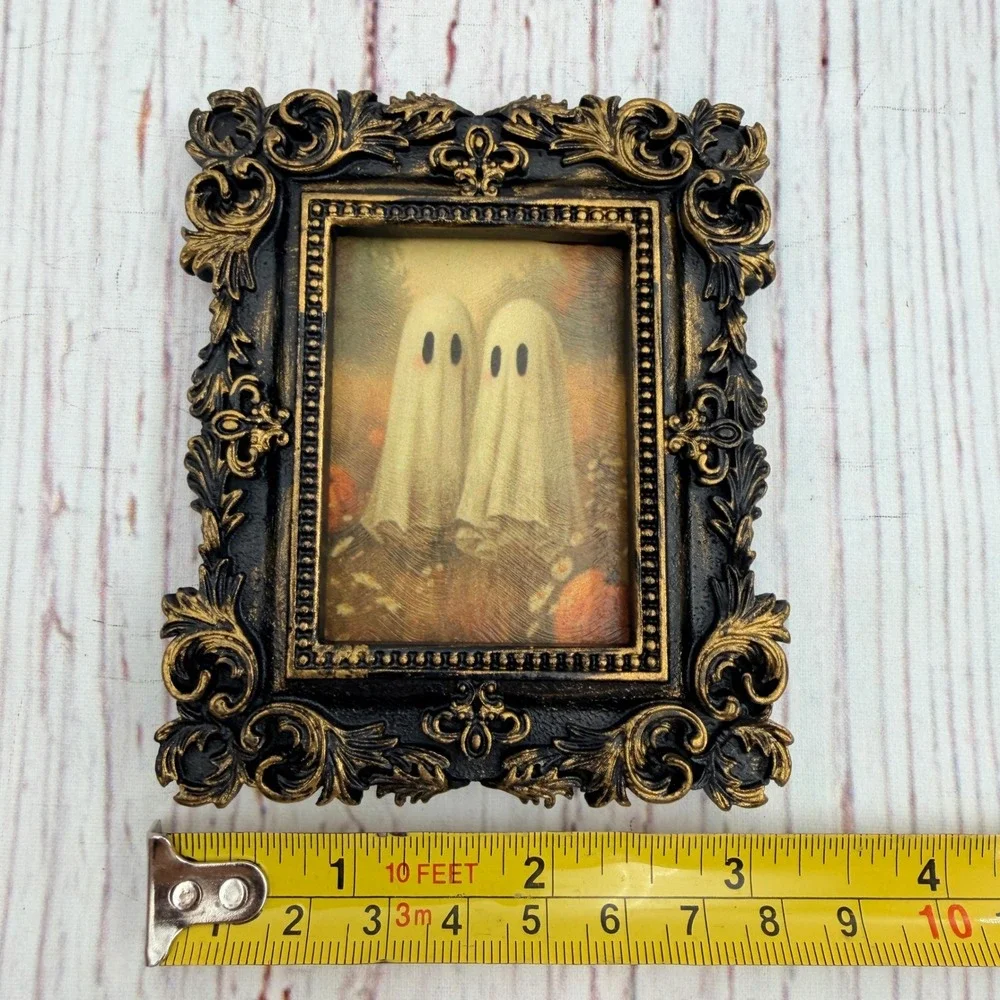 Handmade Ghost Decoupage Print Ornate Gold Black Resin Frame Halloween Decor