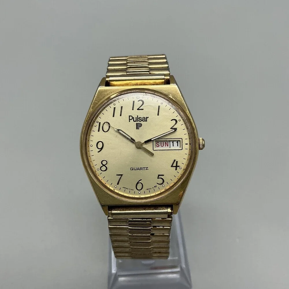 Vintage Pulsar Mens Watch 34mm Gold Tone Day Date H148-8009 Stretch New Battery