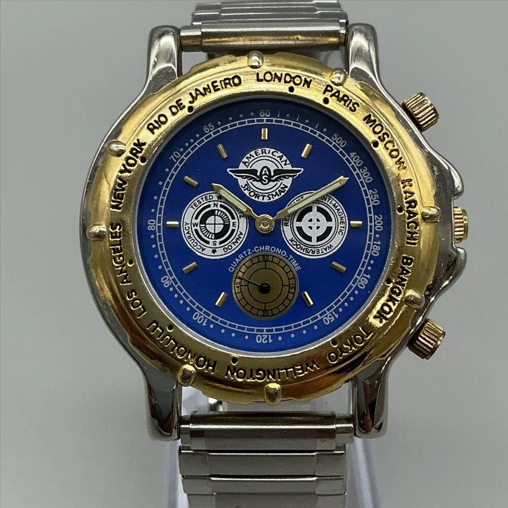 Vintage American Sportsman Mens Watch 39mm Blue Dial Two Tone Chronograph