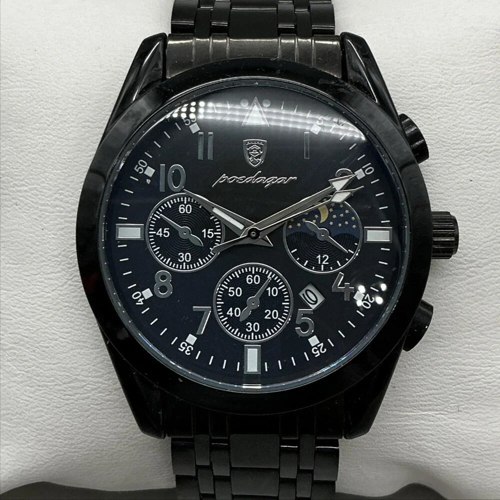 Poedagar Mens Watch 40mm Blue Dial Black Stainless Faux Chrono P318 7.75