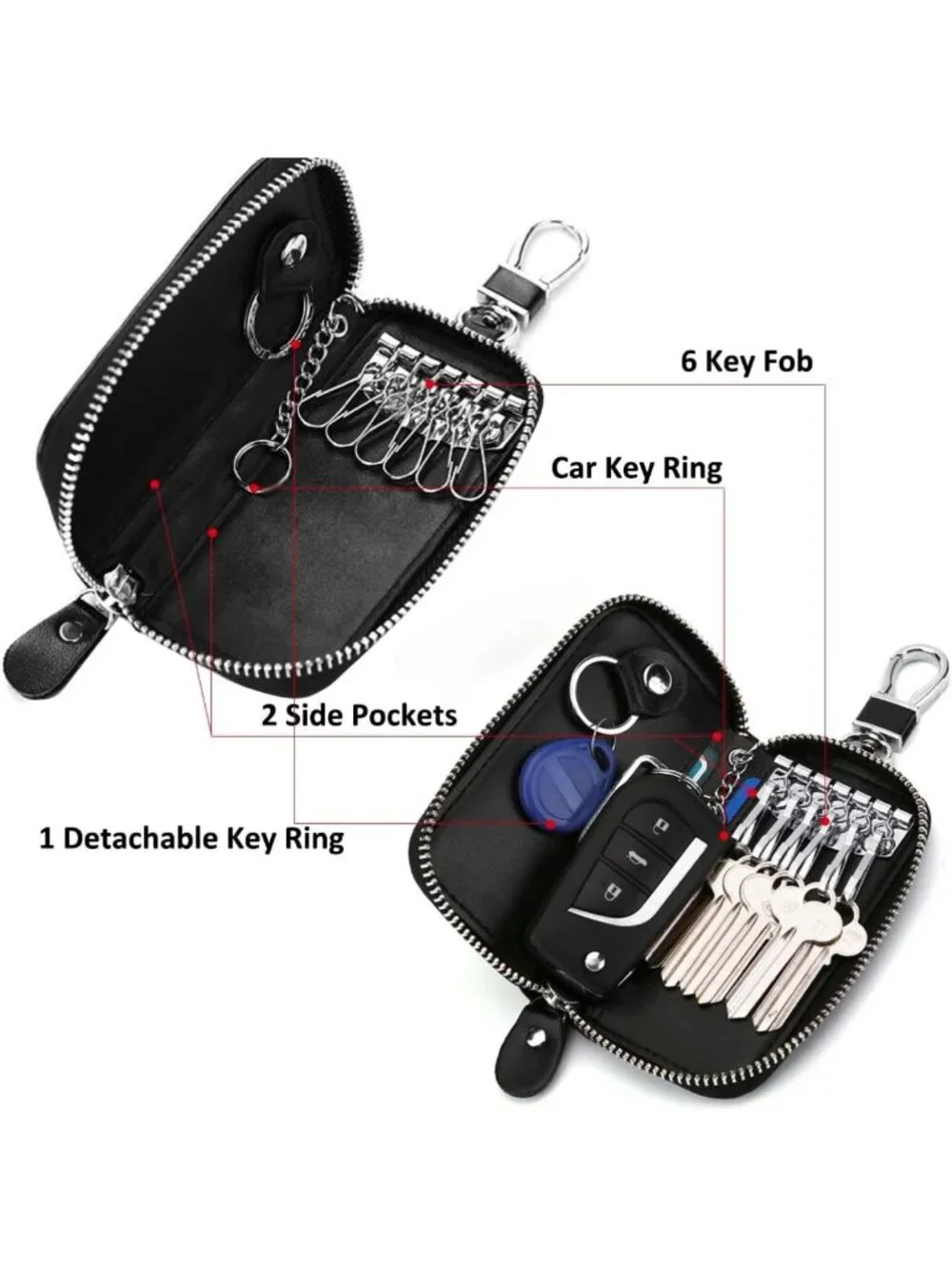 Premium Leather Unisex Key Holder Wallet with 6 Hooks & Zipper Closure