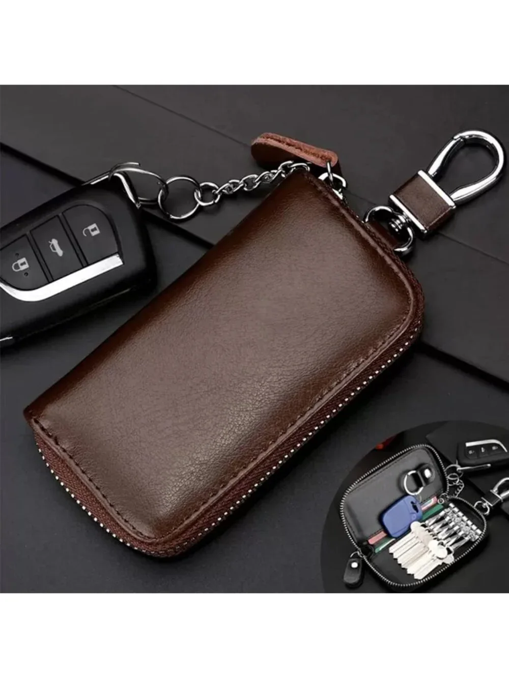 Premium Leather Unisex Key Holder Wallet with 6 Hooks & Zipper Closure