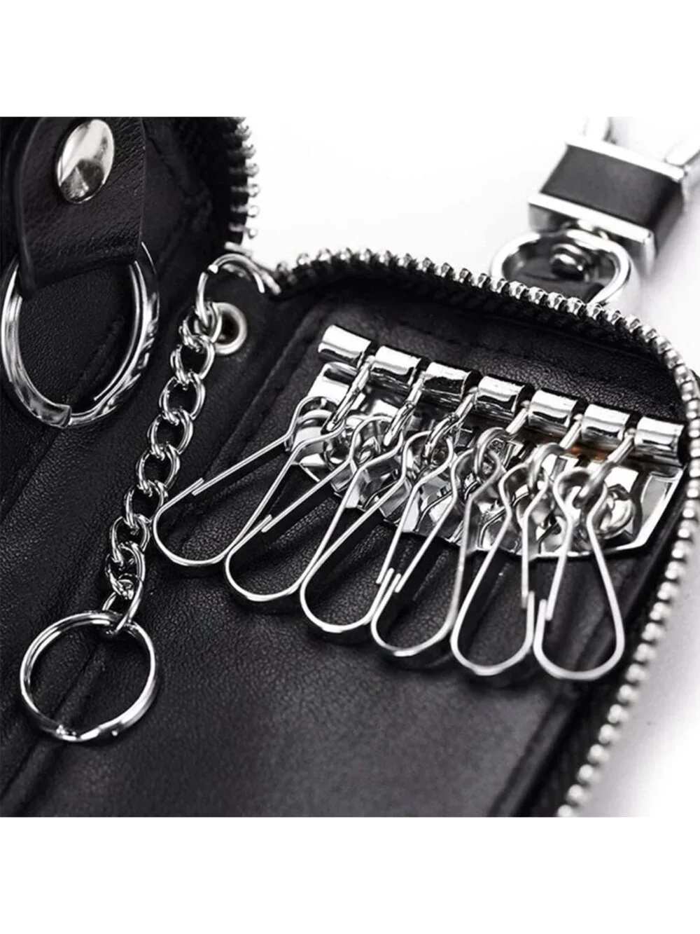 Premium Leather Unisex Key Holder Wallet with 6 Hooks & Zipper Closure