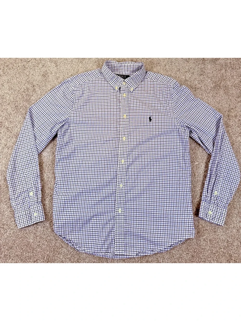 Polo Ralph Lauren Shirt Youth Large Blue Gingham Poplin Check Casual Nat Stretch