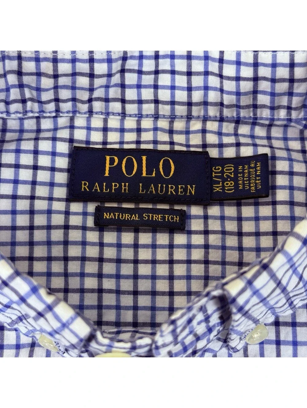 Polo Ralph Lauren Shirt Youth Large Blue Gingham Poplin Check Casual Nat Stretch