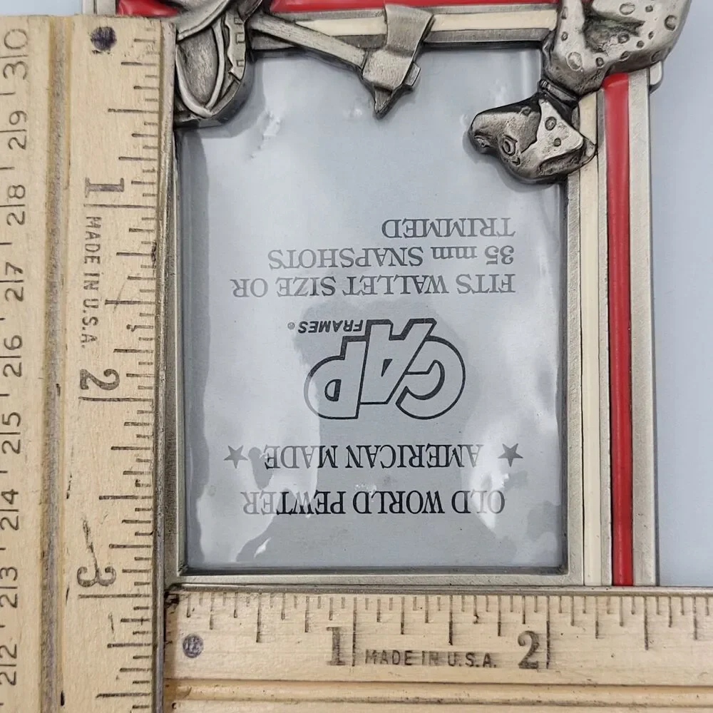 1988 Old World Pewter Firefighter Photo Frame Dalmation Axe Hat Wallet Size USA
