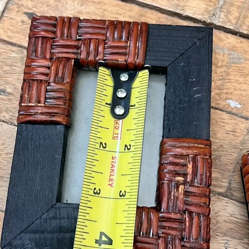 Vintage Dark Walnut Wood Woven Rattan Picture Frames 3x2
