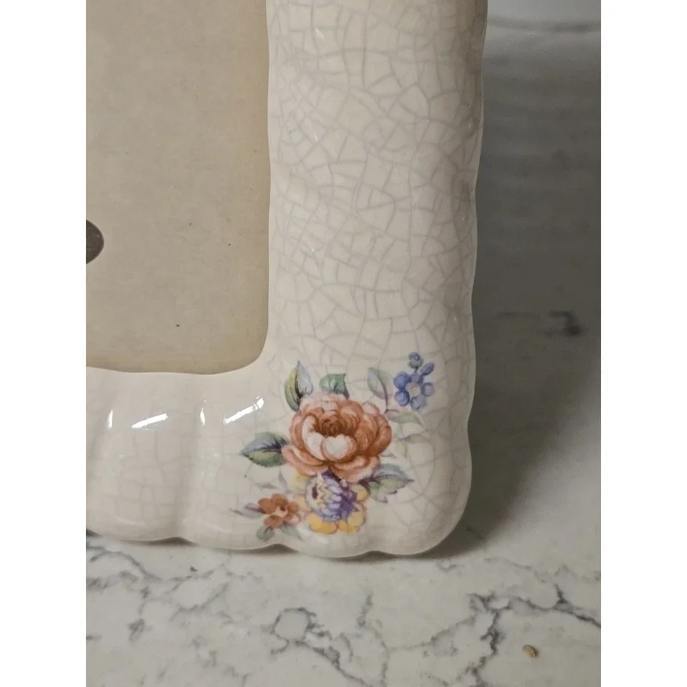 VTG Crackled Ceramic Floral Photo Frame 3.5x5 Glass Pane Cottagecore Grannycore