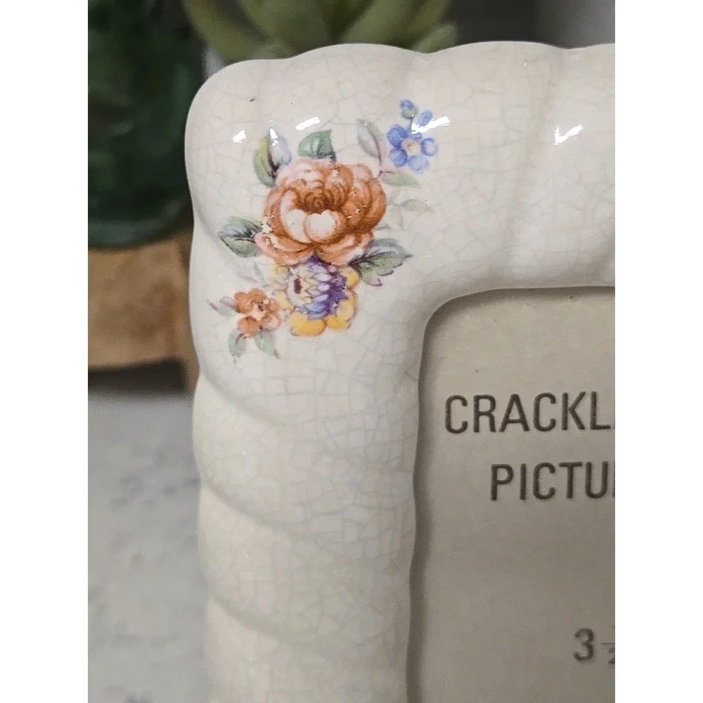 VTG Crackled Ceramic Floral Photo Frame 3.5x5 Glass Pane Cottagecore Grannycore