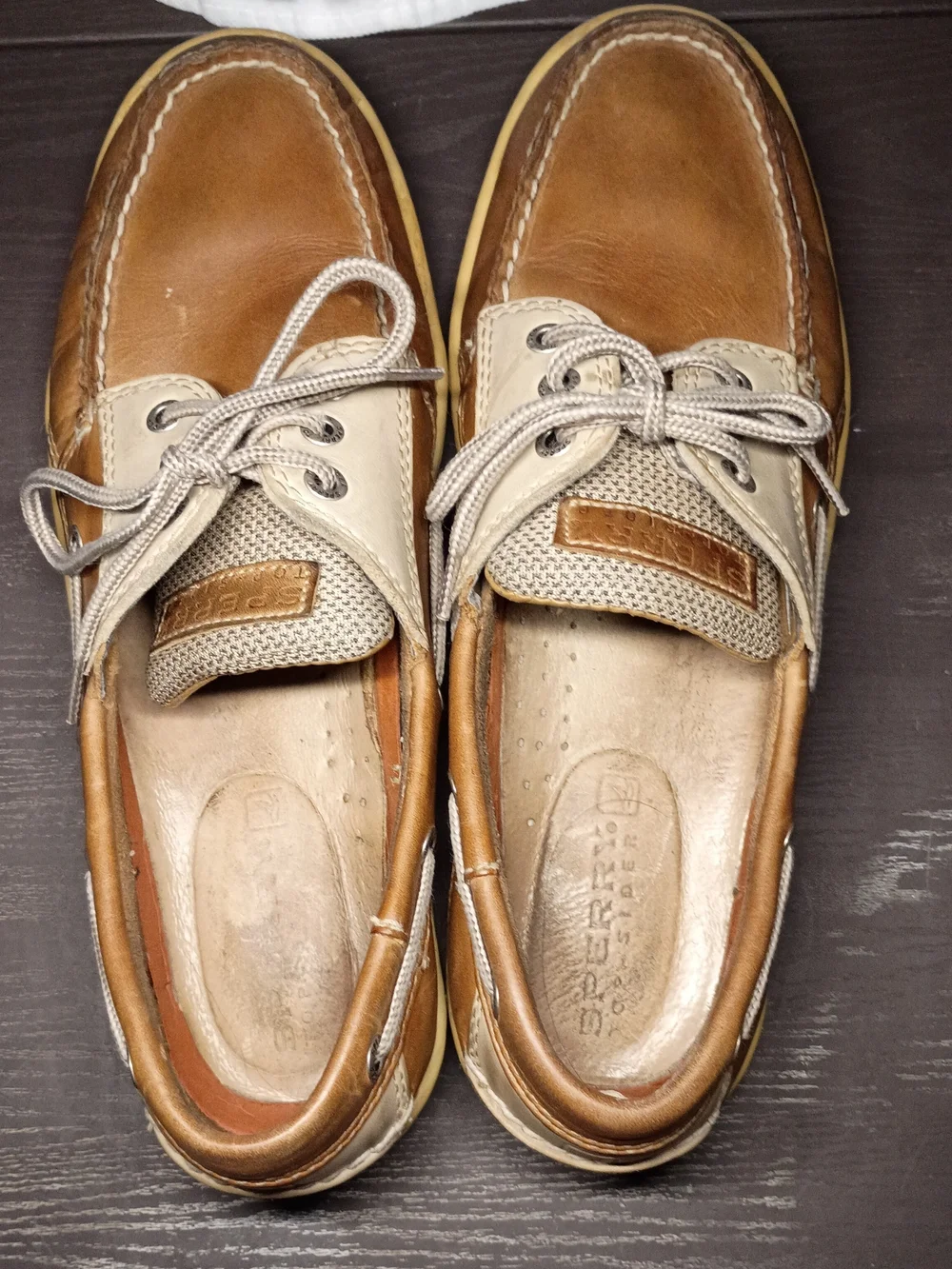 Sperry Two-Tone Brown and Cream Leather Boat Shoes. Men's 10.5M Good Shape!!