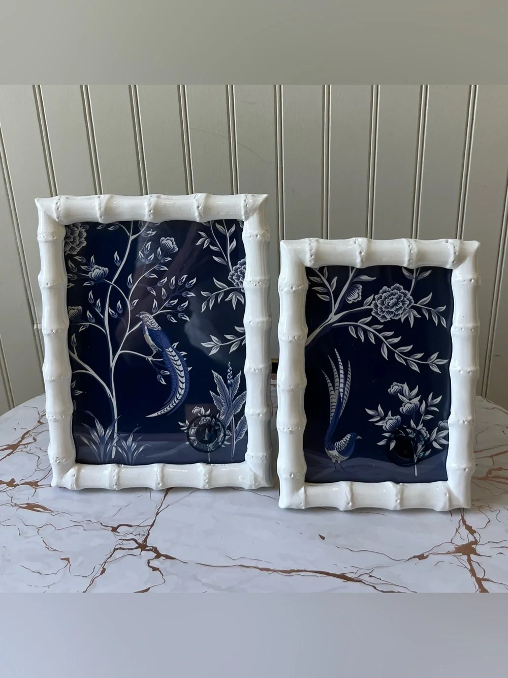 TWO’S COMPANY FAUX BAMBOO PHOTO FRAMES |  WHITE | SET: 4”x6” &  5”x7” | NEW