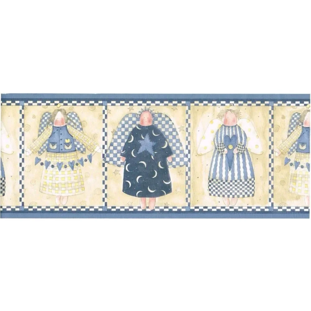 Debbie Mumm Country Angels Star Moon Heart BLUE Check Wallpaper Border 5 Yards